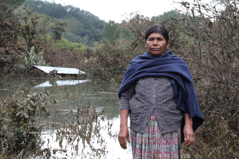 a woman stands in front of flooded home