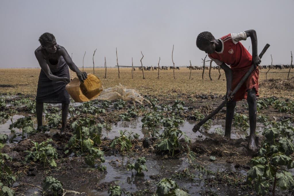 A woman irrigates her garden in South Sudan