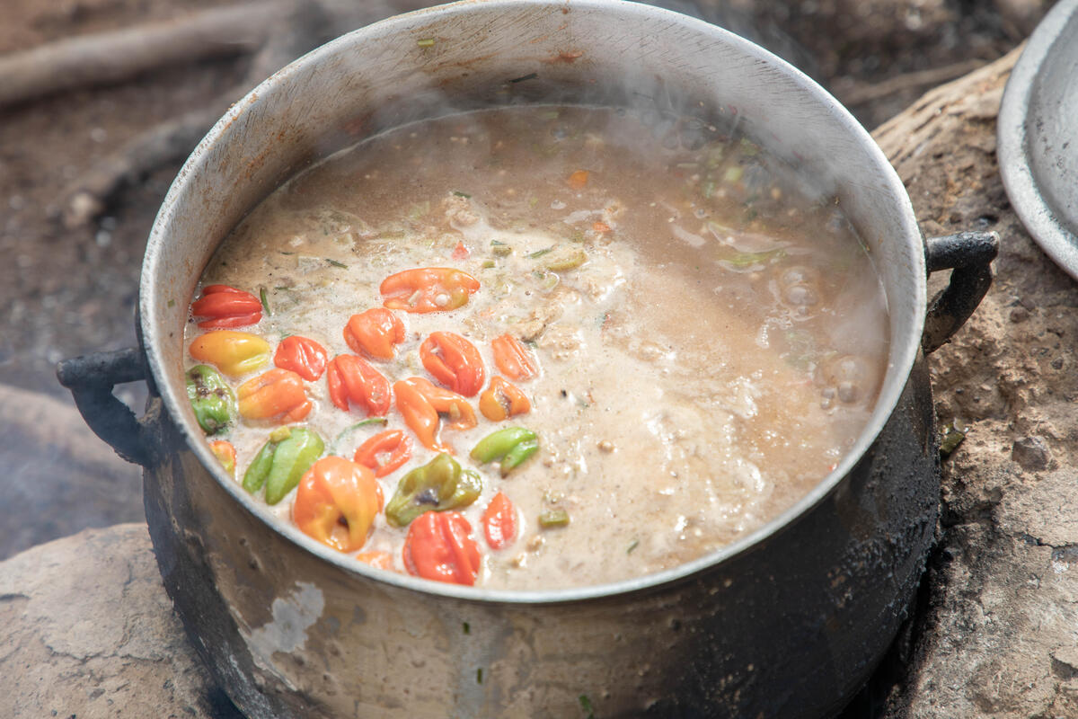 soup boiling in grey pot