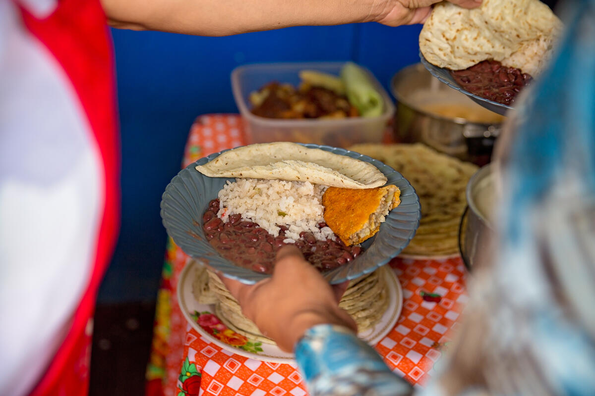 plate of tortillas, rice and beans