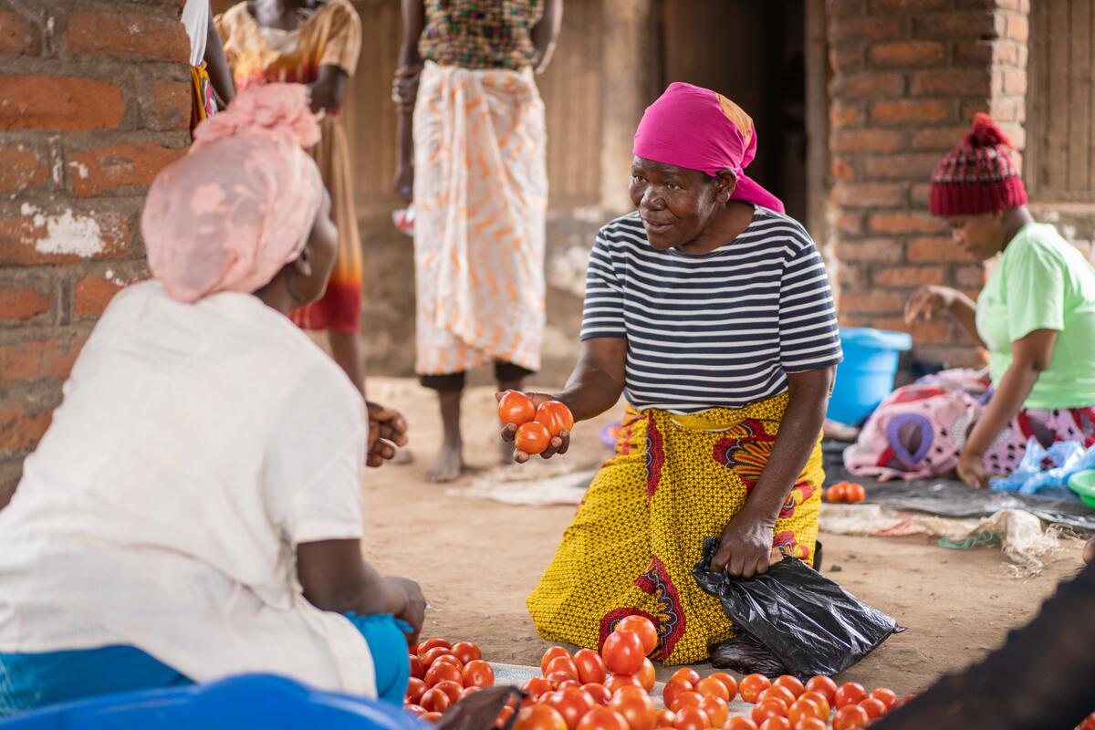 woman buying tomatoes at market