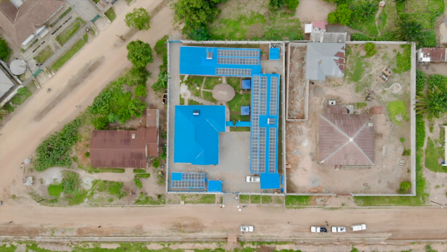 aerial view of blue and white building