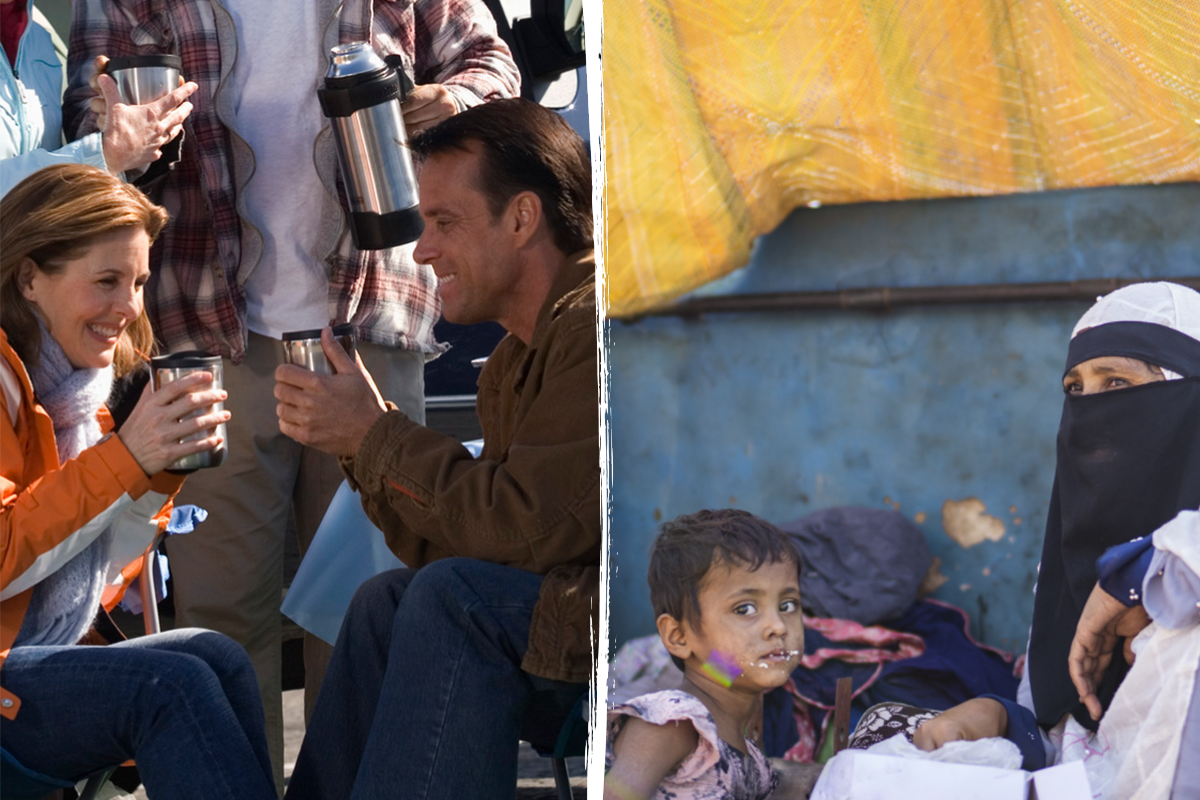 people eating at tailgate and hungry family in tent