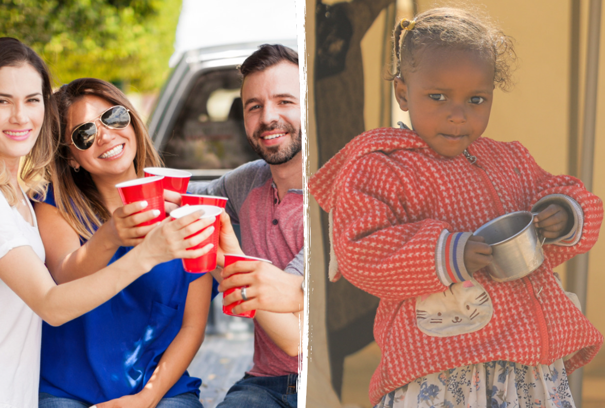 people drinking out of red cups and young girl holding tin cup