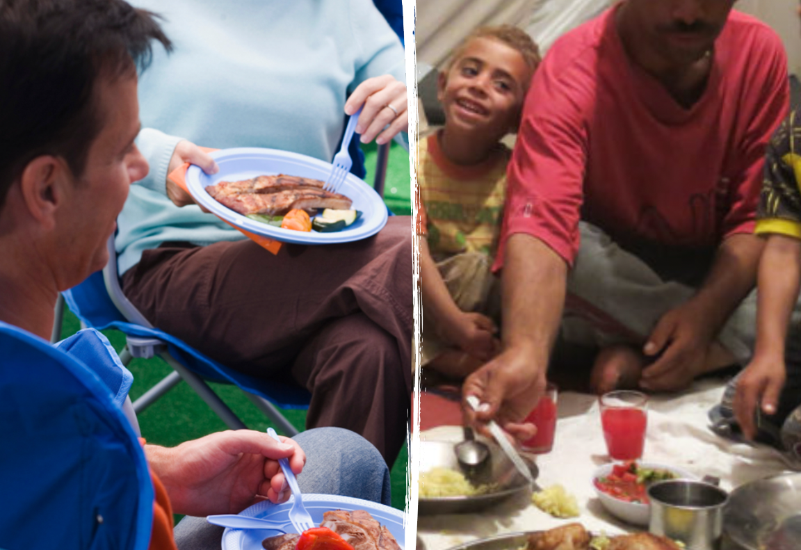 people eating of paper plates and family eating on ground