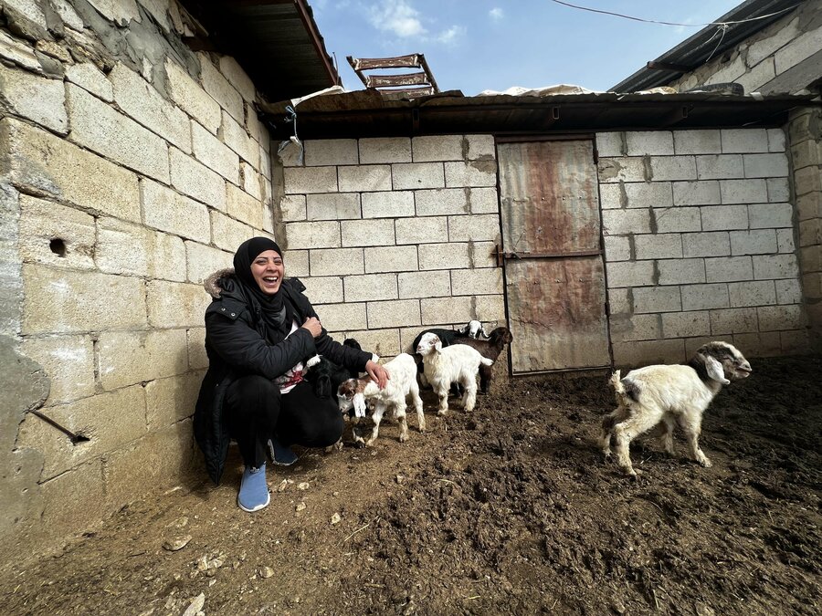 woman sitting with sheep on farm