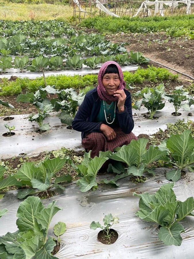 woman kneeling in vegetable garden