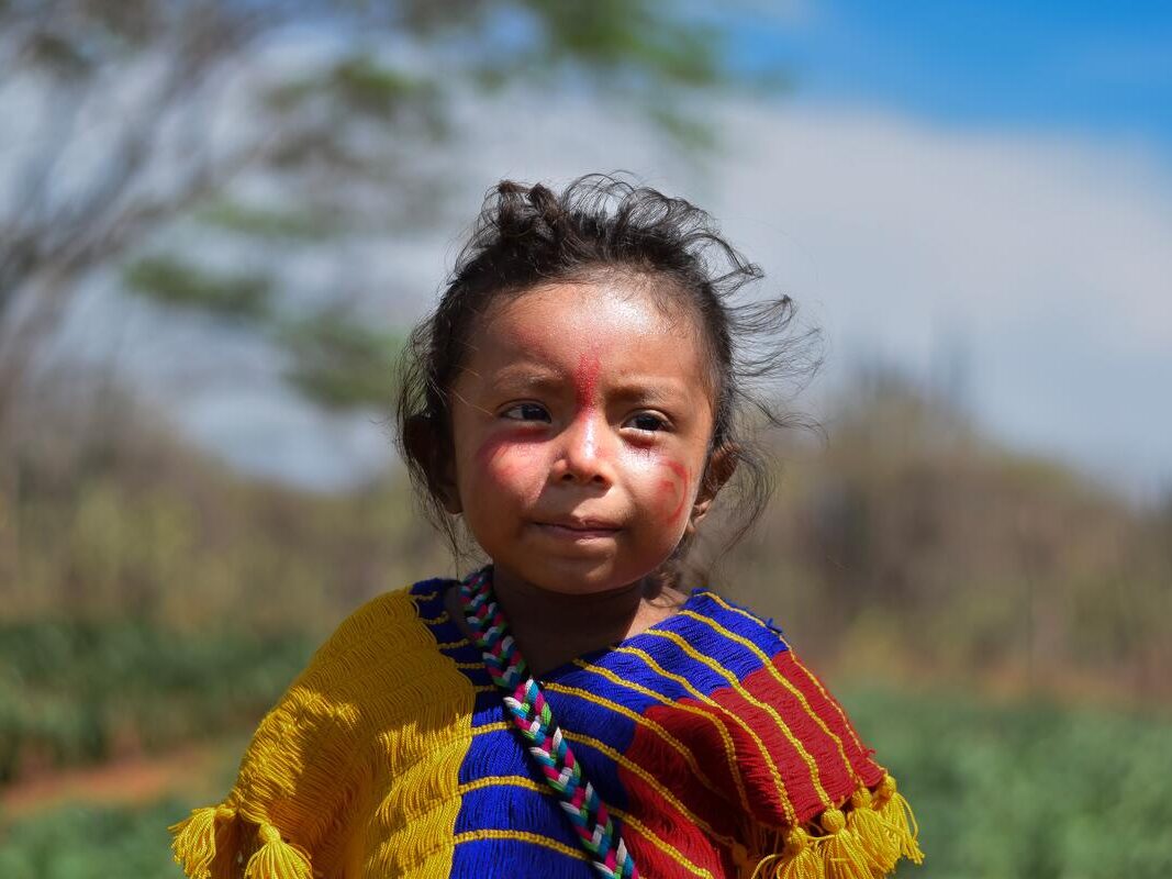 young Colombian girl in yellow, blue and red dress