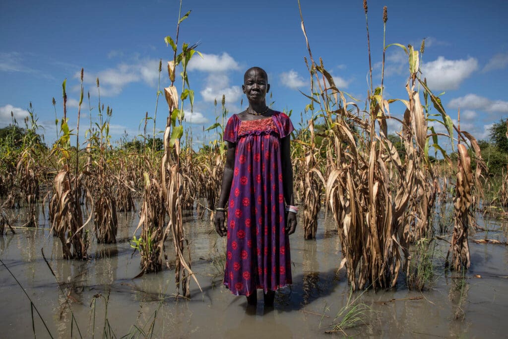Woman stands in flooded farmland